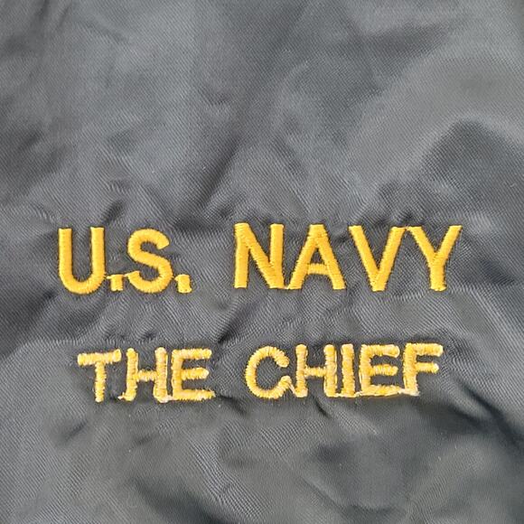 Vintage Y2K US-Navy Satin Bomber Jacket XL 26x27 Boxy NAVY Chief - Picture 14 of 16